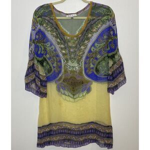 Cabi Womens Silk Mini Pullover Tribal Boho Floral Bell Sleeve Dress Cover Up S